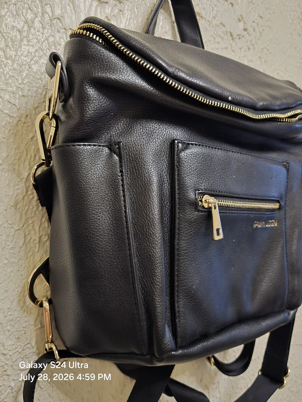 Fawn Design Black Leather Backpack with Gold Hardware